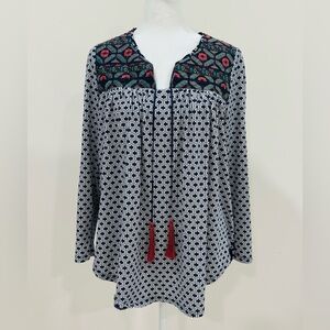 Ezra Shirt Womens Sz M‎ Navy Blue White Peasant Popover Top Boho Hippie
